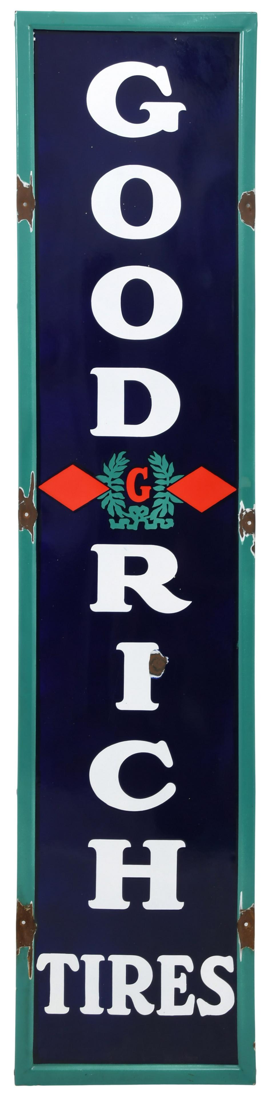 Goodrich Tires Porcelain Advertising Sign: Goodrich Tires Porcelain Advertising Sign early 20th century 78 x 18 inches