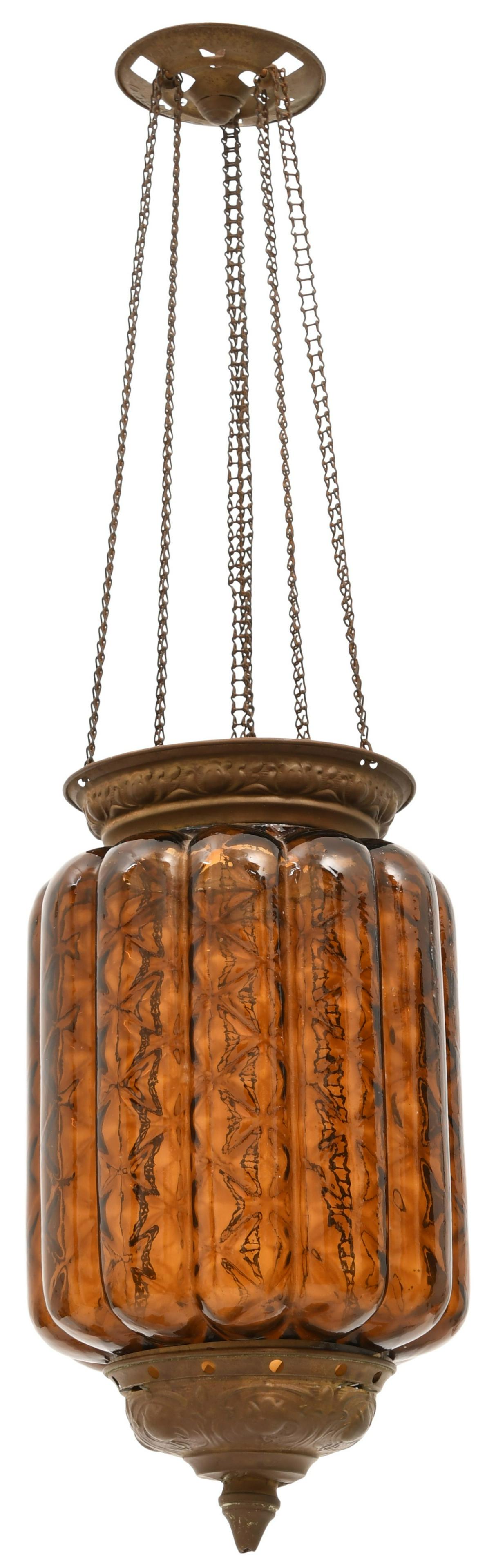 German Amber Glass & Brass Hanging Hall Lamp (1 of 4)