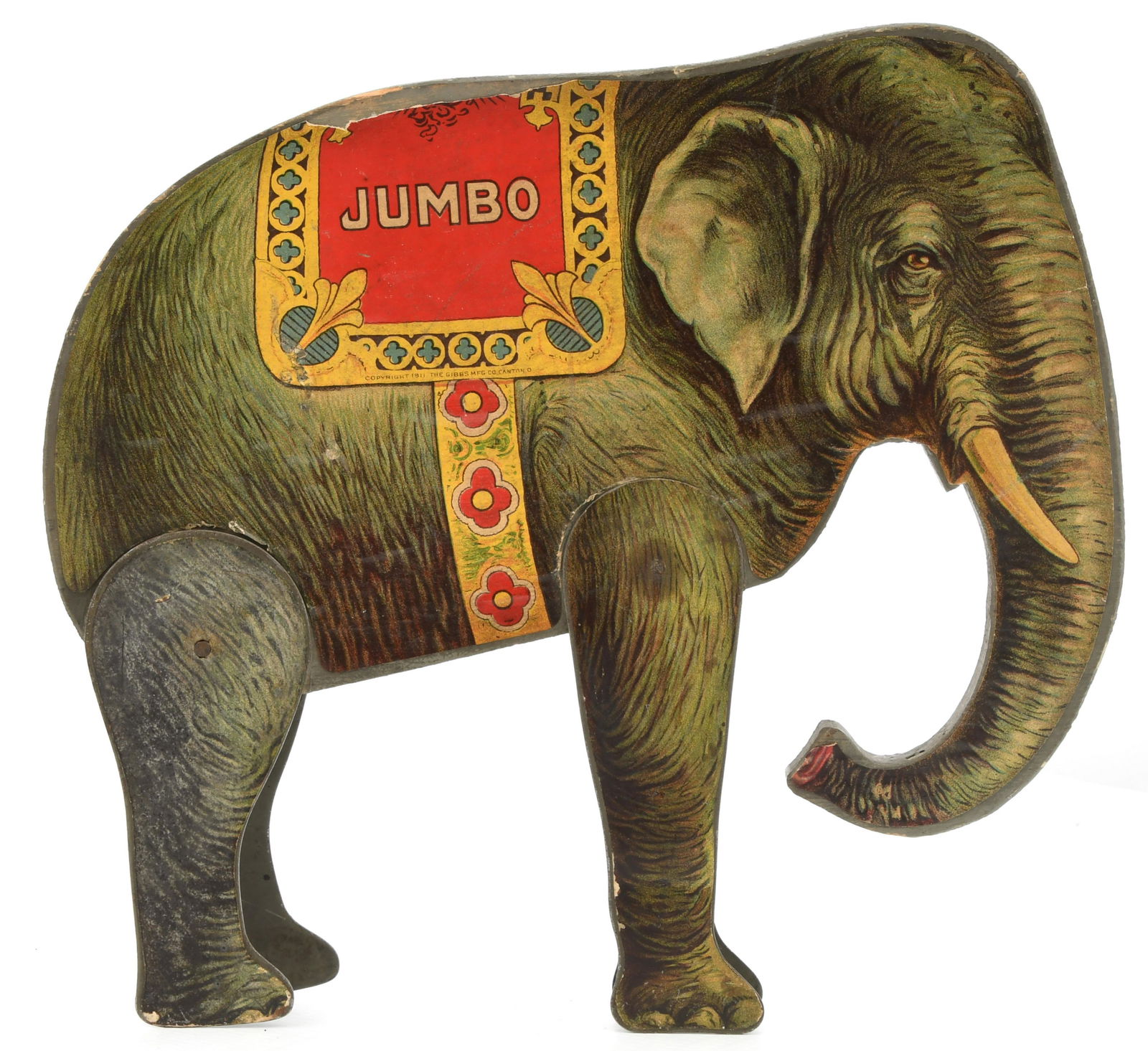 The Gibbs Mfg. Co. Jumbo Trick Elephant: The Gibbs Mfg. Co. Jumbo Trick Elephant early 20th century the body is paper on wood, legs are paper on tin, marked "Copyright 1911, The Gibbs Mfg. Co., Canton, OH." 7 3/4 x 8 1/2 inches