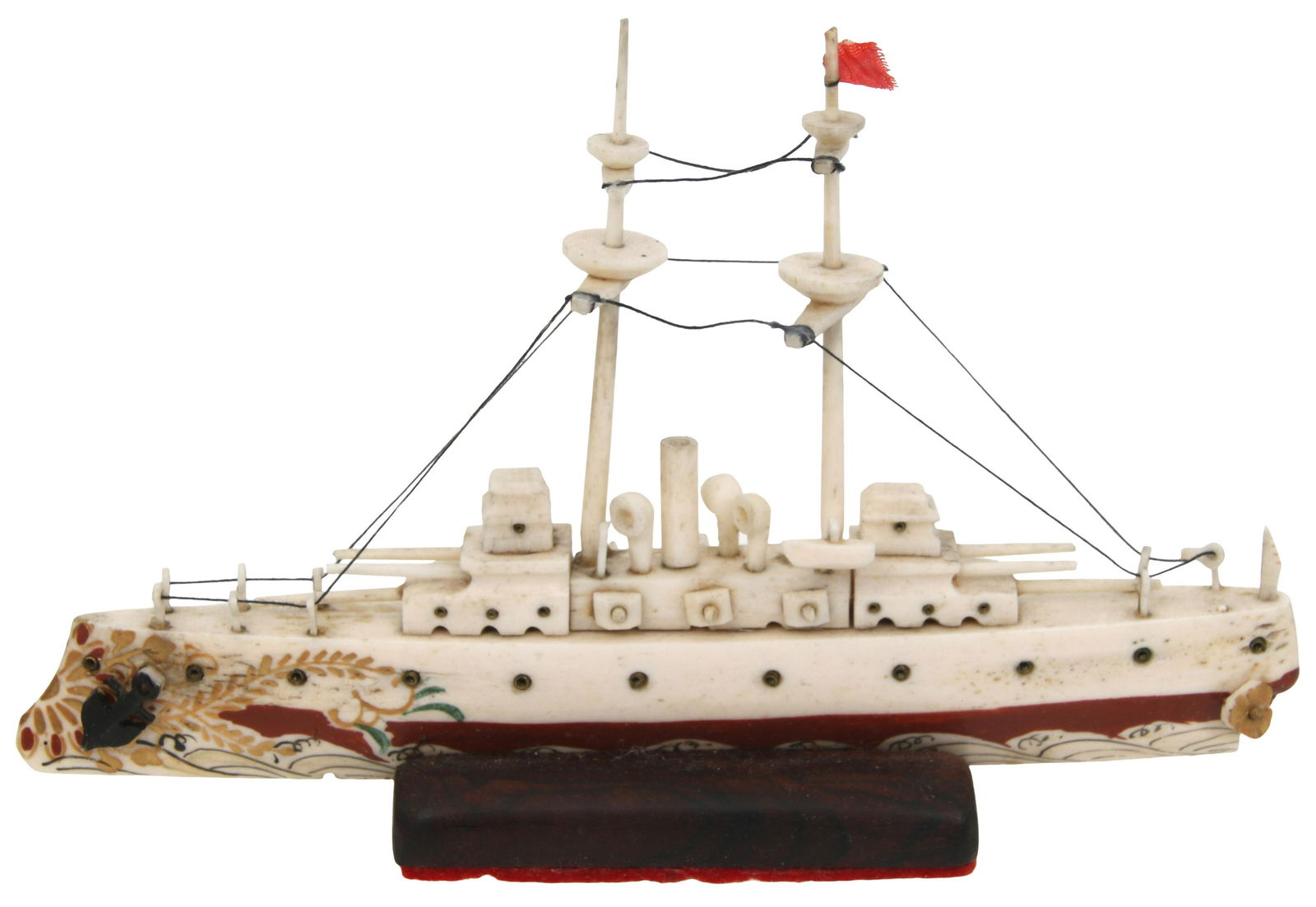 Miniature Carved Bone Warship: Miniature Carved Bone Warship 19th century 3 3/8 x 5 1/4 x 1 1/8 inches