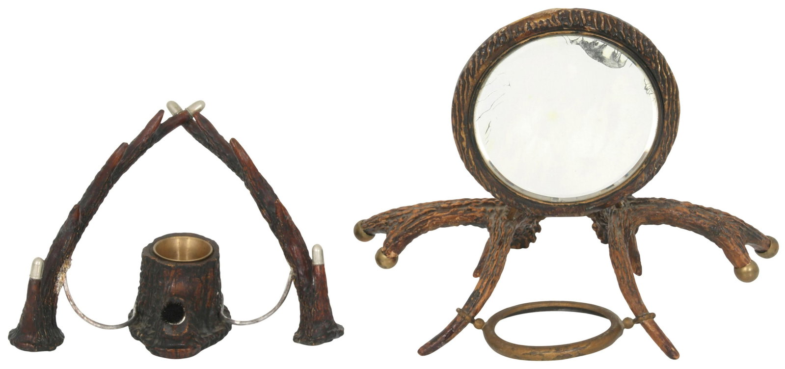 Antler Mounted Inkwell & Mirror: Antler Mounted Inkwell & Mirror 20th century 5 1/2 x 8 1/2 x 5 inches (inkwell) 8 3/4 x 11 x 8 1/2 inches (mirror)