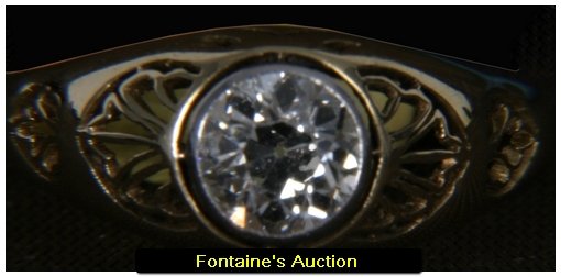 Gents 18K Yellow Gold Diamond Ring: Gents 18K Yellow Gold Diamond Ring. Fine 18K gold band reticulated with a filigree design; centered with on large bezel set Old European cut diamond, measuring approx 7.3mm x 4mm and 1.48 carats with 