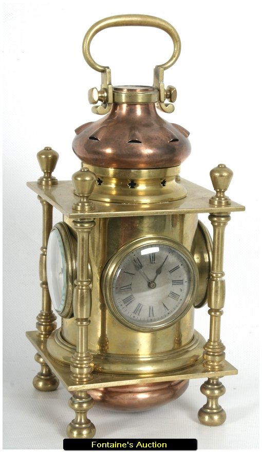 Brass & Copper Lantern Clock: Brass & Copper Lantern Clock. An exceptional desk clock in the form of a lantern with 3 functioning sides, each having a 2.25" dial, The front dial for time with black roman numerals, one side is a fa
