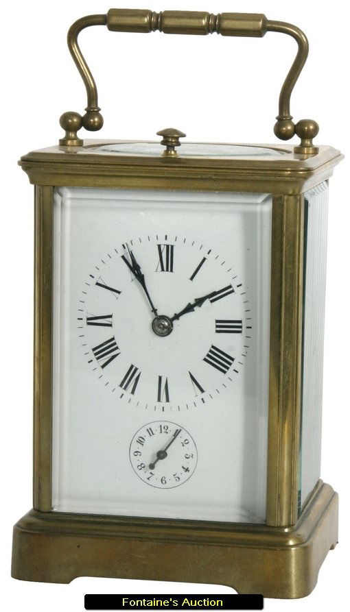 French Repeater Carriage Clock: French Repeater Carriage Clock. Brass case w/ beveled glasses, exposed escapement through the top and alarm/repeater button. Enameled dial w/ black Roman numerals and minute markers on the chapter rin