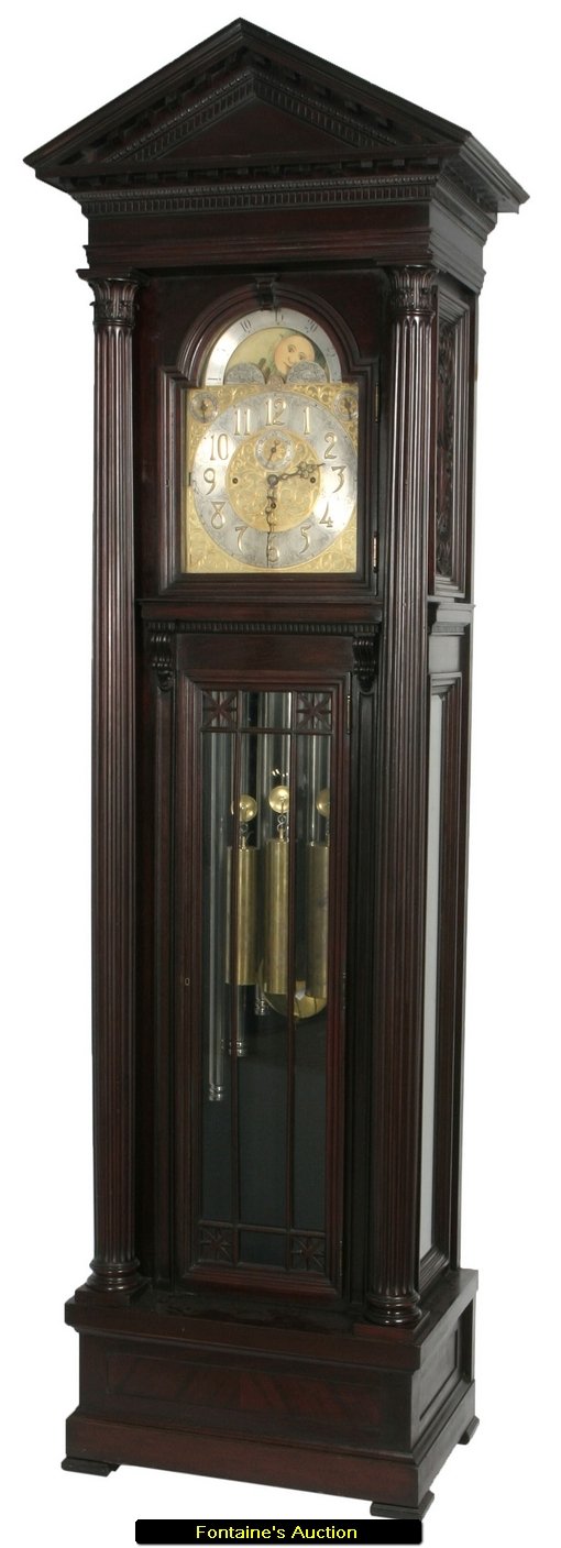 Herschedes Mahogany Grandfather Clock: Herschedes Mahogany Grandfather Clock. Has black pierced hands, silvered chapter ring w/ applied brass Arabic numerals, sub seconds dial, and chime/silent & Westminster/Whittington sub dials; moon pha
