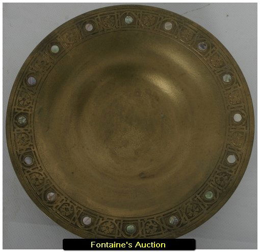 Tiffany Studios 9" Abalone Tray: Tiffany Studios 9" Abalone Tray. Gold dore tray with a relief aesthetic border studded with 15 abalone dots. Signed underneath "Tiffany Studios, New York 1723"; in excellent condition, the finish is d