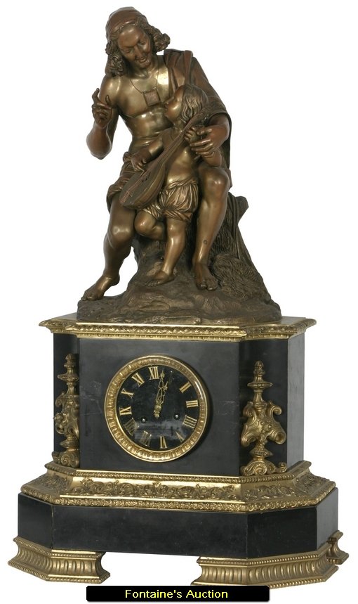 French Figural Silk Thread Mantle Clock: French Figural Silk Thread Mantle Clock. On top is a large figural bronze grouping with a man instructing a young child to play a mandolin; has a nice light brown patina and excellent form and detail.
