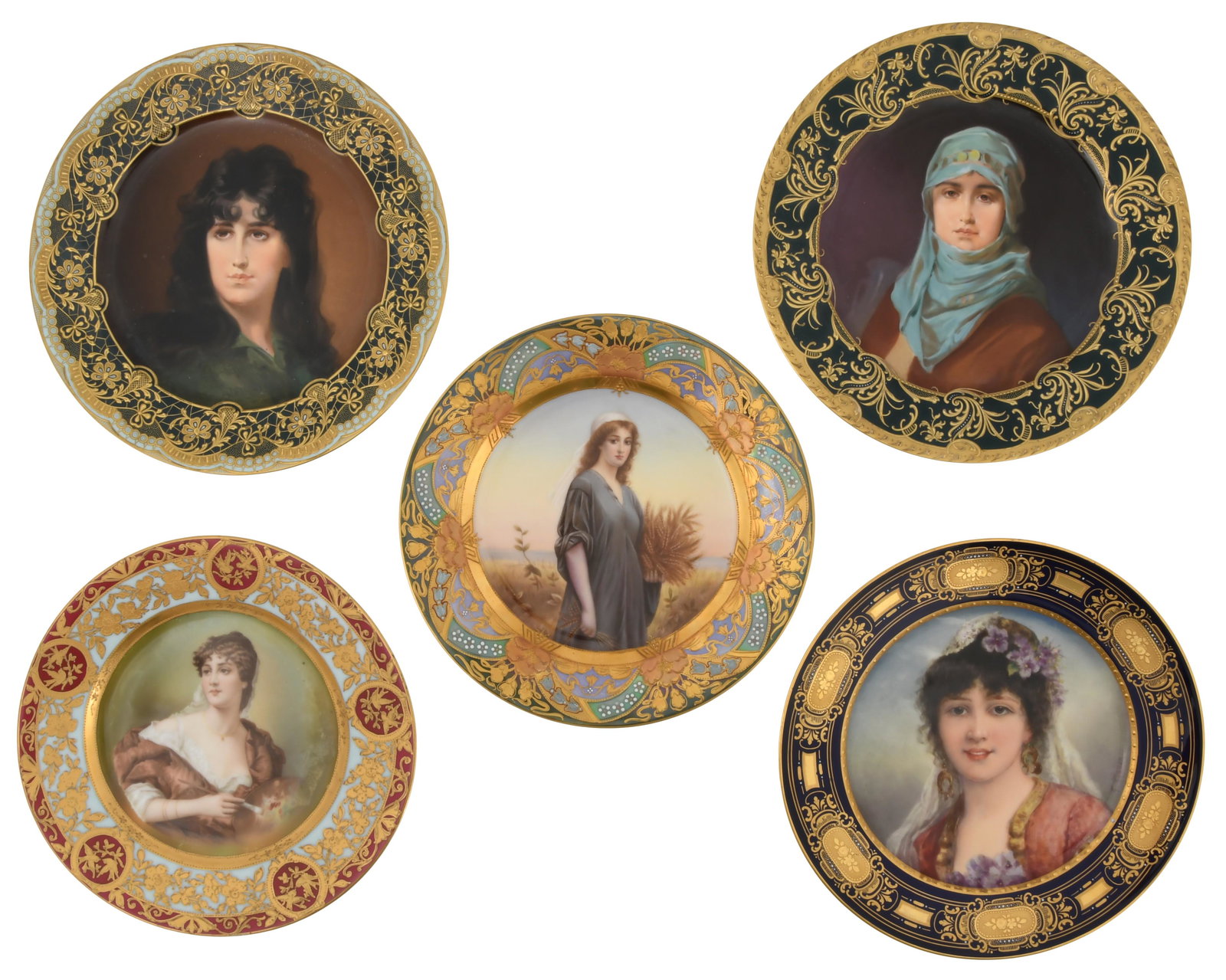 Group of Five Porcelain Portrait Plates: Group of Five Porcelain Portrait Plateslate 19th centurycomprising four Royal Vienna plates, each with blue beehive mark, and a German plate marked "Prov. Saxe./E.S./Germany"10 1/2 in. diame