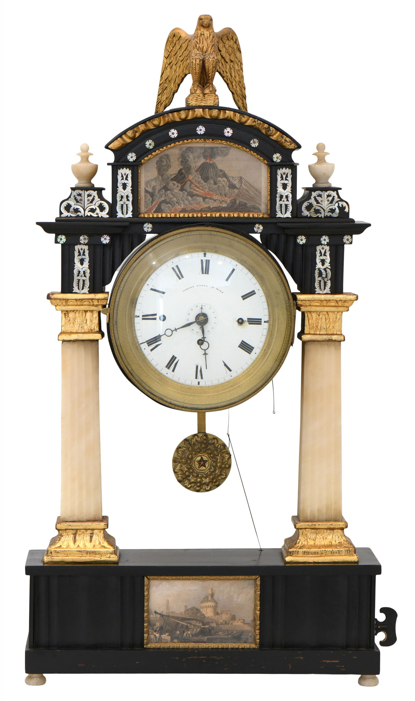 Austrian Grand Sonnerie Musical Clock: Austrian Grand Sonnerie Musical Clockearly 19th centurythe wooden case with gilt bronze mounts, alabaster columns and applied mother-of-pearl decoration, brass 8-day movement with silk thread suspensi