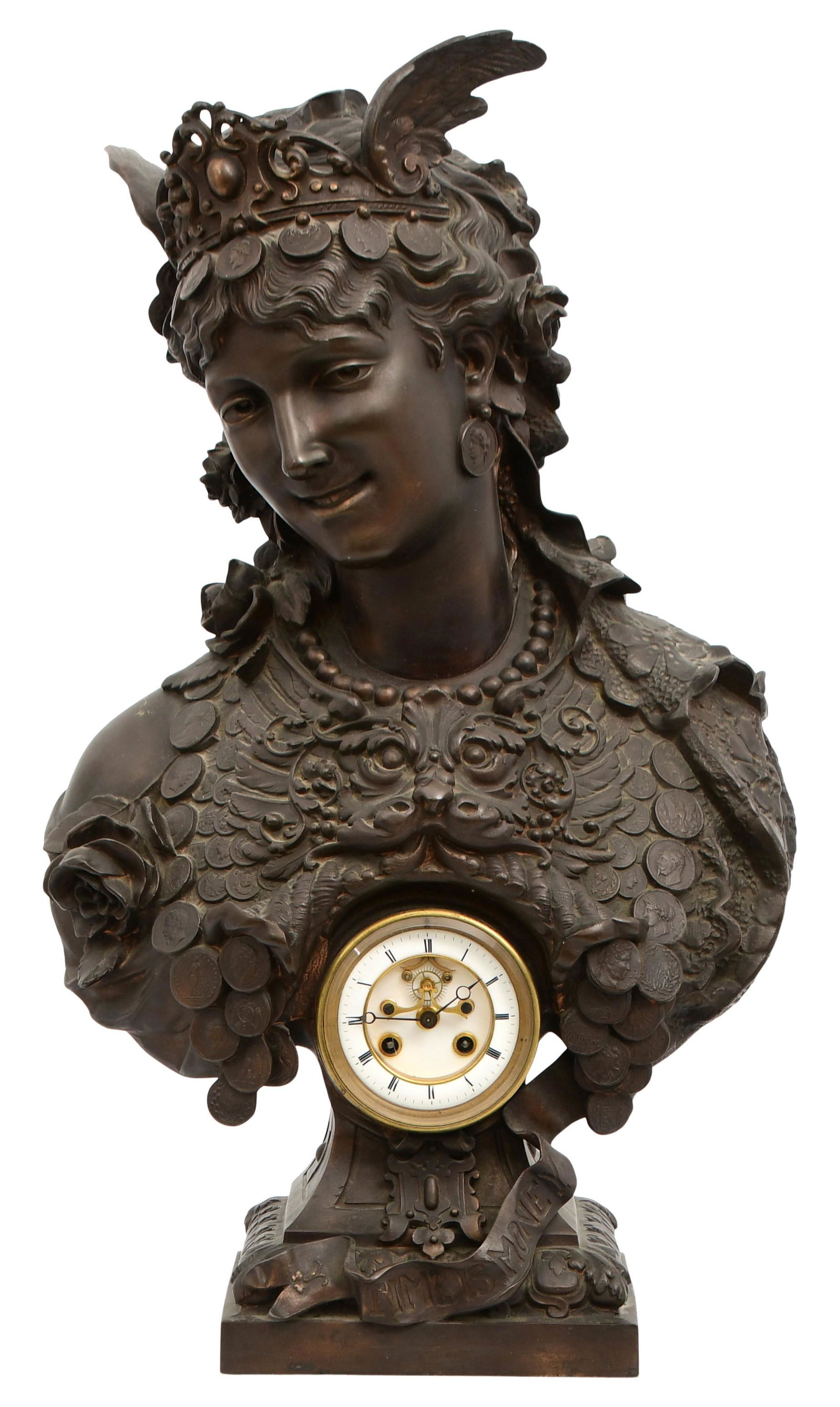 French Patinated Metal Bust of Fortuna with Clock (1 of 14)