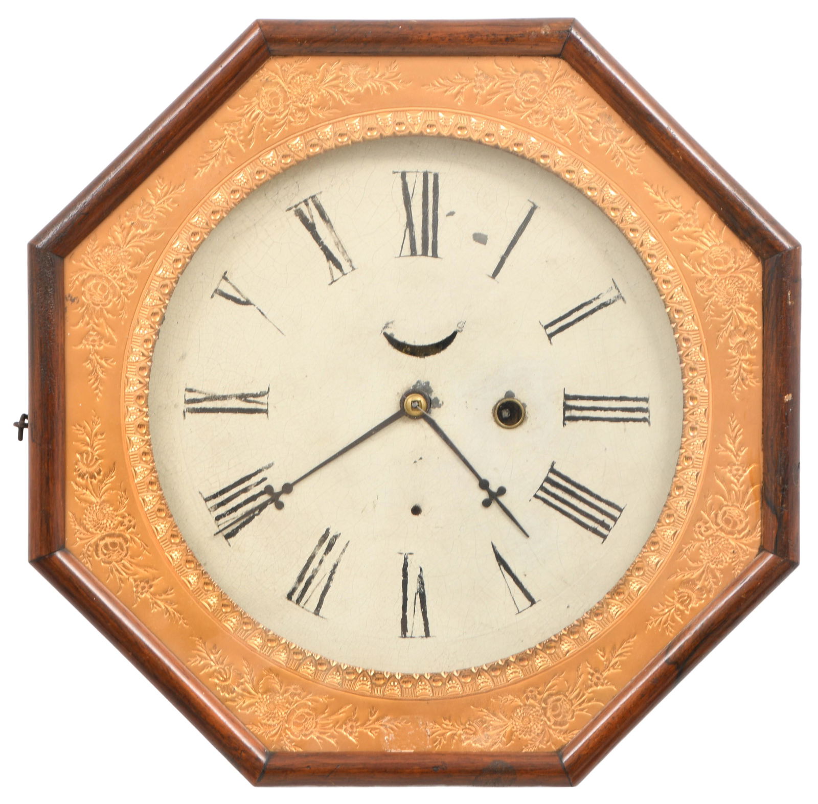 Waterbury Clock Co. Octagonal Wall Clock: Waterbury Clock Co. Octagonal Wall Clockcirca 1880rosewood veneer and gilded case, brass 8-day time only lever movement signed "Waterbury Clock Co., CT"11 x 3 inches