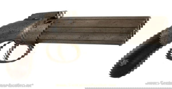 Ethan Allen Pepperbox Revolver: 6 shot barrel cluster is 5" long and about .31caliber. The bar hammer is marked "Allen's patent", the barrels are marked "Patented 1837 - cast steel" and "Allen and Thurber – Worcester". The bag sha