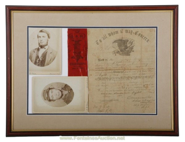 CIVIL WAR DISCHARGE LETTER W/ C.D.V.'S AND RIBBON: The Discharge letter is for Pvt. Joseph Bryan of the 17th Regiment of the New York Infantry, on June 8th 1865; under Capt. Martin V. Doty. Page has many creases with some wear marks on the seams. Acco