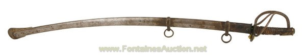SHEBEL & FISHER MODEL 1840 HEAVY CAVALRY SABER: Also known as an "Old Wristbreaker". This saber is signed by "Shebel & Fisher - Philadelphia"; it has a leather handle with a brass wire wrap and a brass knuckle bow guard. Complete with a metal scabb