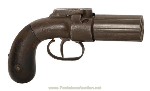 MARSTON & KNOX, 31 CALIBUR PEPPERBOX: 6 shot with 2.25" barrels. Frame is lightly engraved, metal is brown with light surface pitting. Left grip is cracked and missing a .25" x 2.5" sliver, grip screw is an old replacement. Action needs s