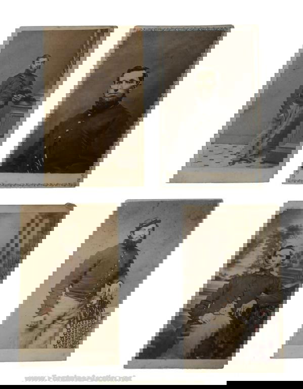 4 SIGNED CARTE DE VISITE CIVIL WAR PHOTO CARDS: Includes photo's listed top left to right 1) by "Meade Brothers" signed "Sarah J. Hollister", 2) by "J.F. Baker's Photograph Gall'y" signed "Aaron Baldwin", 3) by "J.W. Perkins" signed "Dud Manson" ha