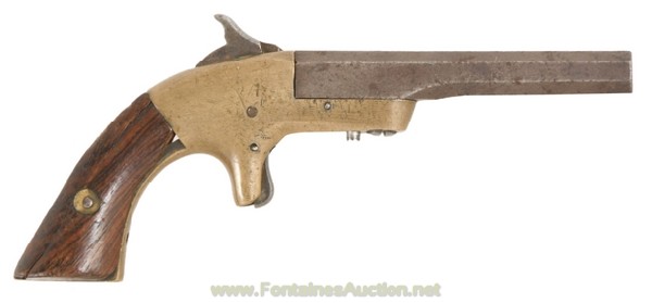 Unmarked Single Shot Derringer: 3 ¼ " octagon barrel is chambered for 30 rimfire and has a rusty, pitted bore. The brass frame has a nice patina with some slight verdigris around one pin and a screw. Other metal surfaces are a gray