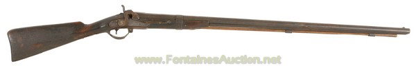 Lightweight Percussion Fowler Marked A..J. Chapman: Lightweight percussion fowler. 32" barrel is approximately 28 gauge and has a rusty bore. Lockplate has light engraving behind the hammer and is marked A.J. Chapman. Wood stock has a crazed finish (pr