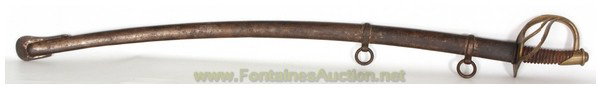 Model 1840 Hammond Cavalry Sword: 36" Double fuller blade with a good clean edge and some light tarnish spots; signed "Hammond". Brass hilt with 3 branch guard and wood handle missing leather wrap and wire; some tarnish to the brass. 