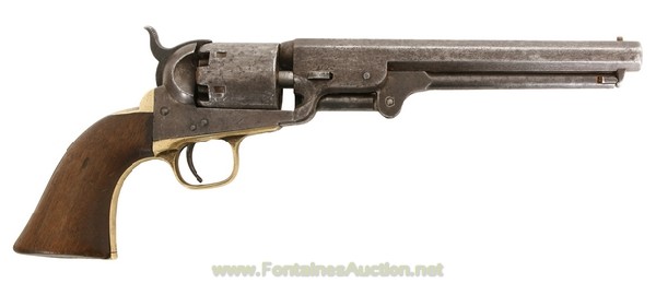 Colt Model 1851 Navy Revolver With Holster: 7 1/2" octagon barrel is 36 caliber and has a good bore. Only traces of the cylinder scene remain but the serial numbers match. The top of the barrel is marked "Address Col. Saml Colt New-York U.S. Of