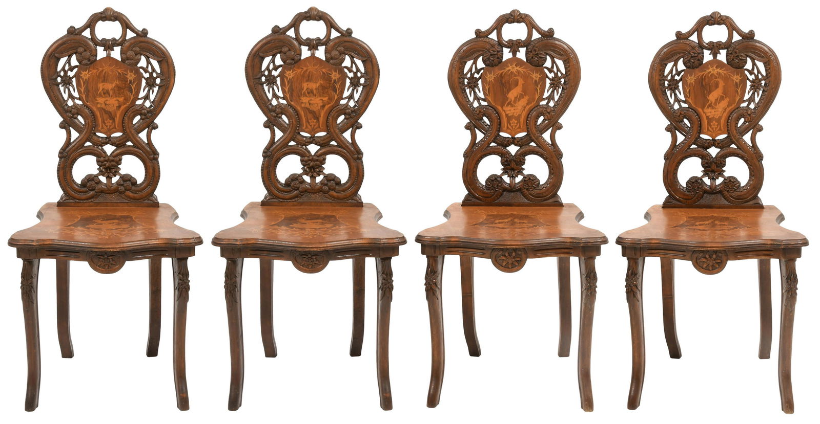Set of Four Black Forest Carved & Inlaid Chairs (1 of 13)