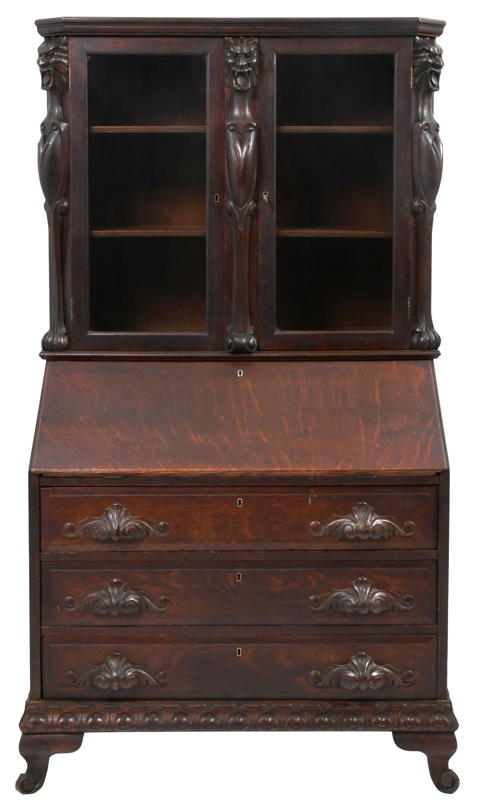 American Figural Carved Oak Drop-Front Secretary (1 of 12)