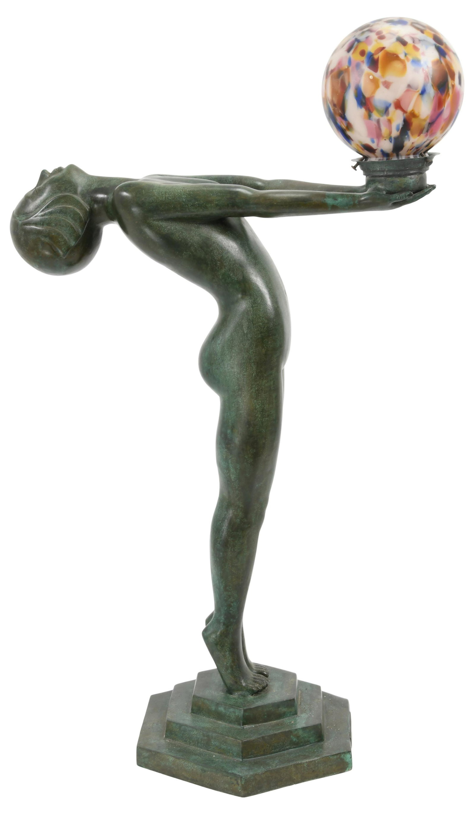 Art Deco Style Figural Nude Lamp with Glass Shade: Art Deco Style Figural Nude Lamp with Glass Shade mid-20th century marked "Leonardo Rossi" 34 3/4 x 21 x 12 inches