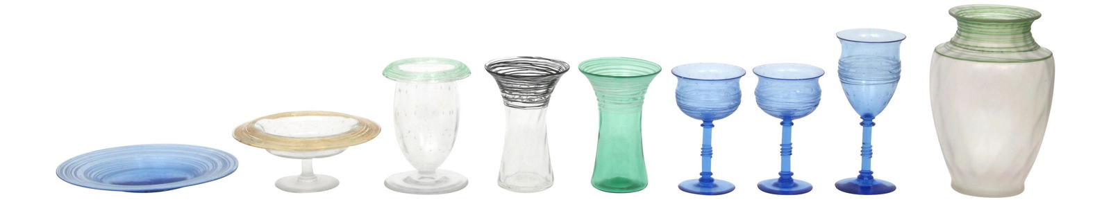 Group of Nine Pieces of Steuben Art Glass: Group of Nine Steuben Glass Piecesearly 20th centurycomprising 4 vases, 3 wine glasses, 1 compote and 1 plate; all pieces with threaded designs and 6 with bubbles. 1) Fleur-de-Lis signature, slight su