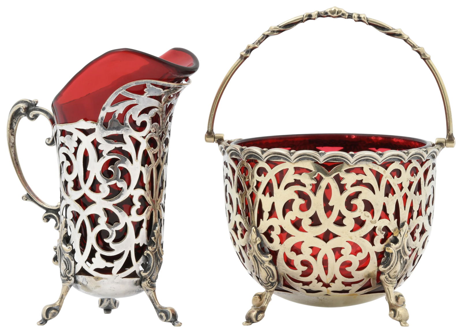 Silver Overlay Cranberry Glass Basket & Creamer (1 of 5)