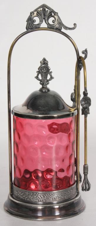Meriden Silver Plated Cranberry Pickle Jar: Meriden Silver Plated Cranberry Pickle Jar w/ Tongs.