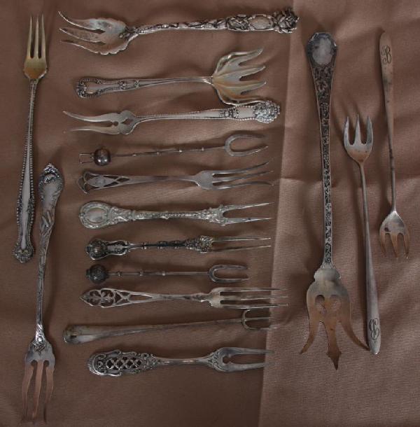 Lot of 16 Assorted Silver Pickle Forks: Lot of 16 Assorted Silver Pickle Forks.