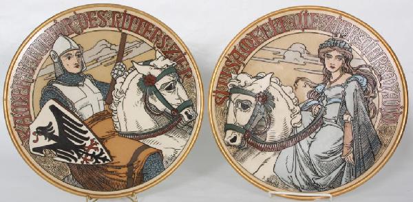 Pr Mettlach Incised Knight & Maiden Wall Plaques.: Pr Mettlach Incised Knight & Maiden Wall Plaques. Artist signed F. Scholl.