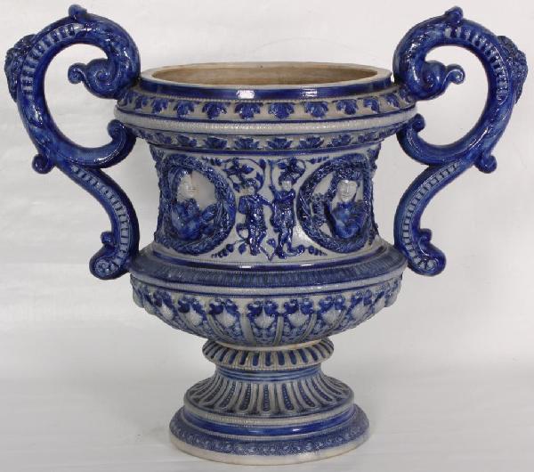 Blue Ironstone Jardiniere w/ Handles (Damaged): Blue Ironstone Jardiniere w/ Handles (Damaged).