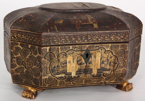 Painted Oriental Tea Caddy w/ Tin Inserts.: Painted Oriental Tea Caddy w/ Tin Inserts.