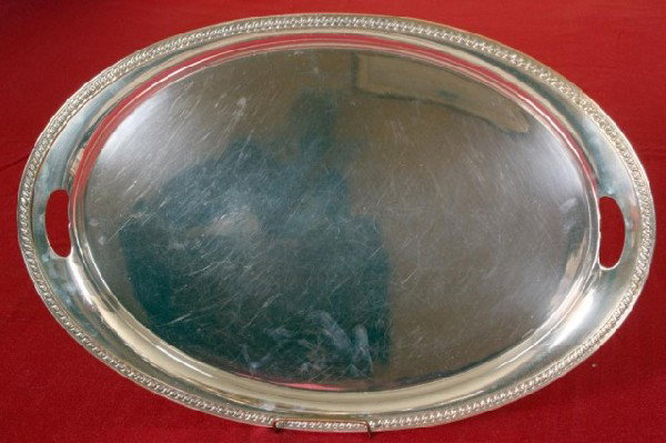 Gorham 22" Silver Plated Serving Tray: Gorham 22" Silver Plated Serving Tray. Has a repousse border with cut in handles and a smooth polished surface. Circa 1924.