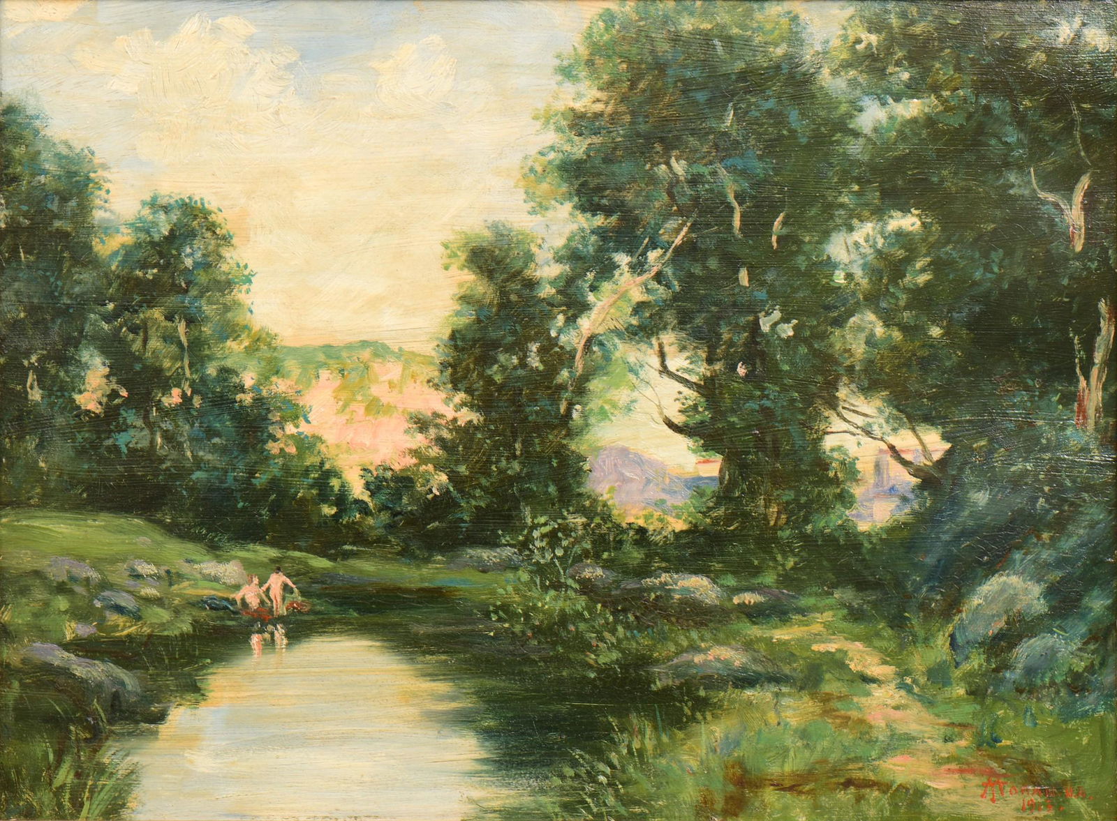 Attributed to Thomas Moran (American, 1837-1926): Attributed to Thomas Moran(American, 1837-1926)Landscape, Albania, Italyoil on canvassigned lower right21 x 27 inches (frame)