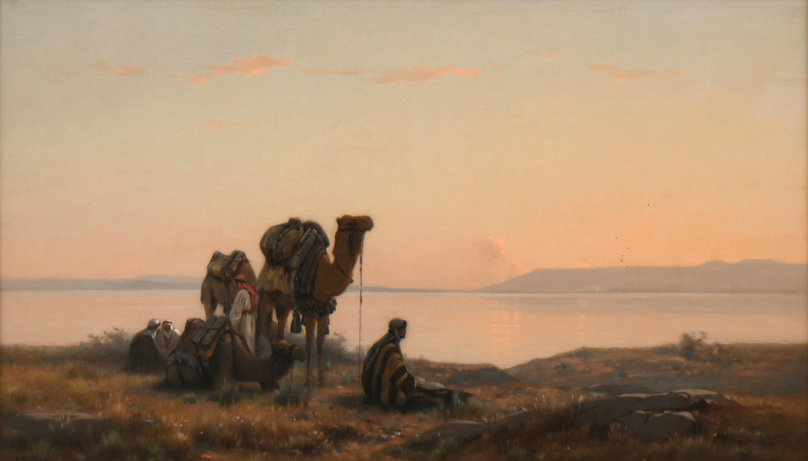 Auguste-Louis Veillon (Swiss, 1834-1890): Auguste-Louis Veillon (Swiss, 1834-1890) Figures and Camels by the Water oil on canvas signed lower left 18 x 31 inches (sight) 30 x 43 inches (frame)
