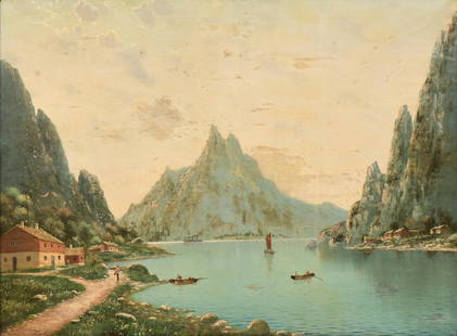 Nils Hans Christiansen (Danish, 1850-1922): Nils Hans Christiansen(Danish, 1850-1922)Lake Landscapeoil on canvassigned lower left37 1/2 x 47 inches (frame)29 1/2 x 39 1/2 inches (sight)