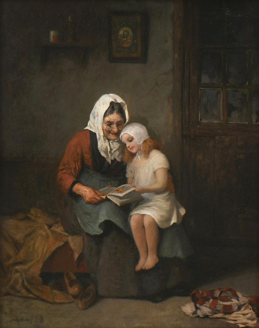 James Wells Champney (American, 1843-1903): James Wells Champney(American, 1843-1903)Interior Scene of a Woman and Young Girloil on canvassigned lower left31 x 27 inches (frame)19 1/2 x 15 1/2 inches (sight)