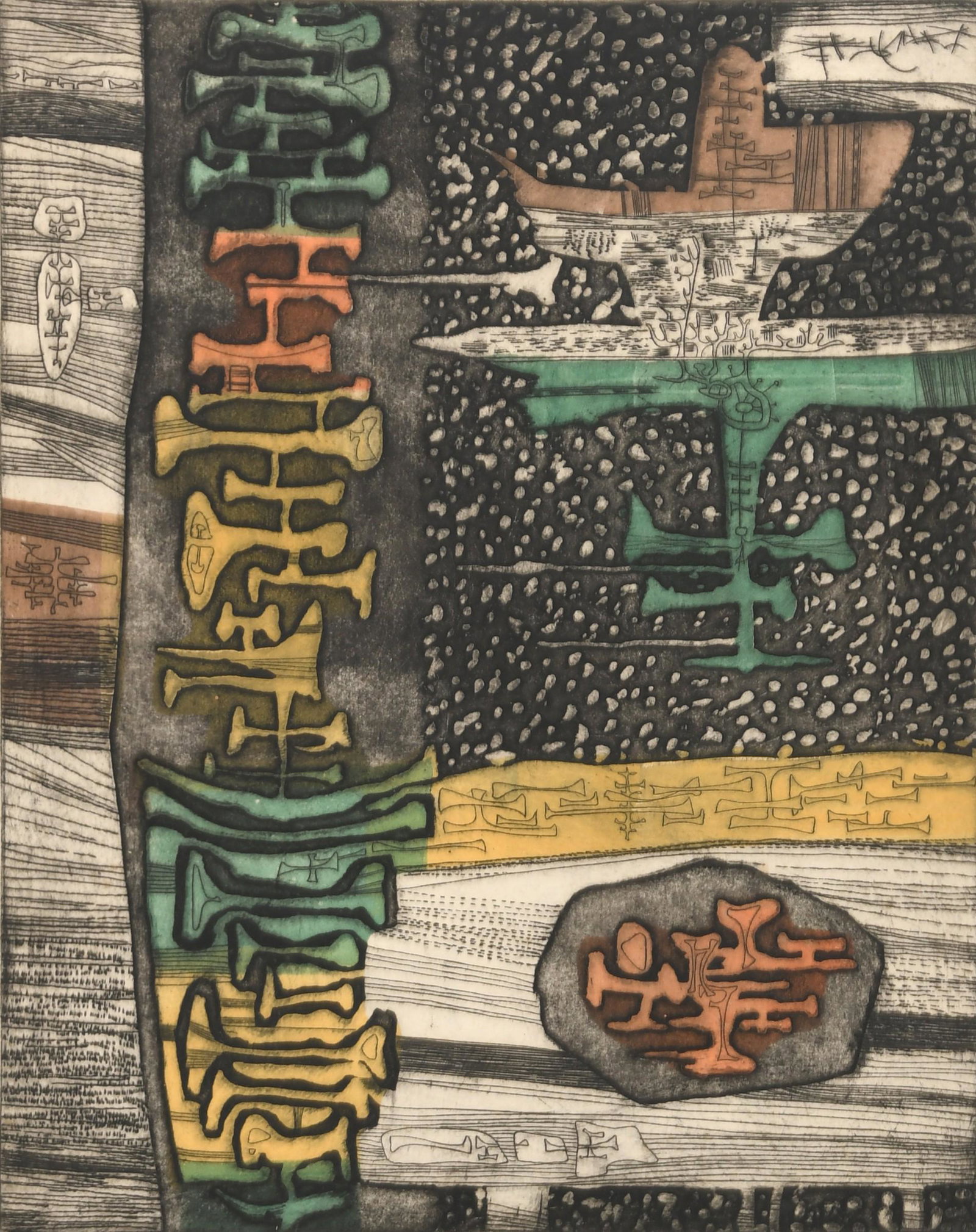 Gabor F. Peterdi (American, 1915-2001): Gabor F. Peterdi(American, 1915-2001)"Seed and the Rock"etching in colorssigned, dated and inscribed18 1/2 x 14 inches (sight)25 1/4 x 20 1/4 (frame)