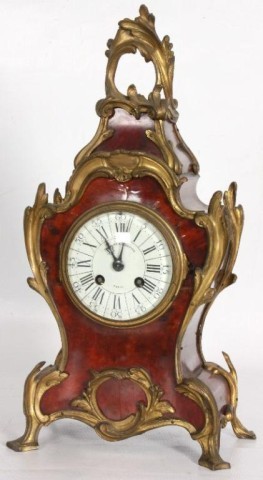 Japy Freres 8 Day Boulle Shelf Clock Japy Freres 8 : Japy Freres 8 Day Boulle Shelf Clock. Porcelain dial, blued hands, typical time & strike French movement signed Japy Freres. Boulle case with gilt metal filigree trim. 16 1/2" High