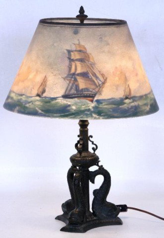 Pairpoint Lamp "Spanish Gallion" The 16" "Lansdown: The 16" "Lansdowne" shade is painted on the interior with various sailing ships, on a 3 dolphin base.