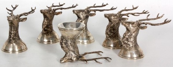 Set of 6 Figural Stag Russian Silver Shot Glasses : Set of 6 Figural Stag Russian Silver Shot Glasses. Excellent quality, holds 1 ounce. 84 zol mark and makers mark "KL" within a circle. 3" High, 5.52 oz (5.03 ozt) each.