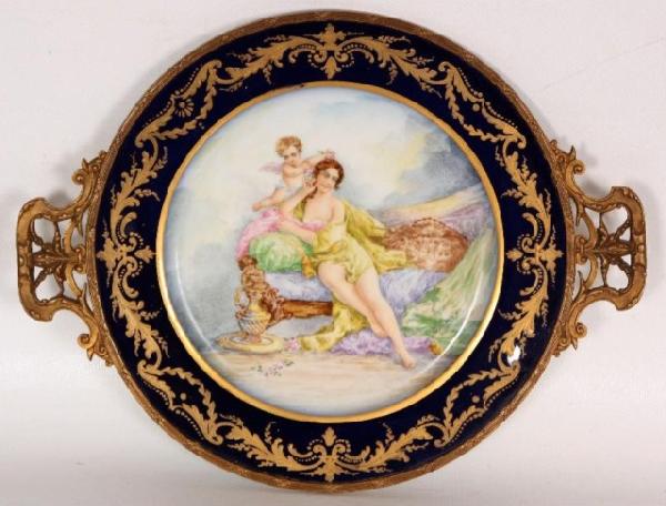 Servers Porcelain Plate In Bronze Frame Servers Po: Servers Porcelain Plate In Bronze Frame; 10 1/2", signed Bombois.