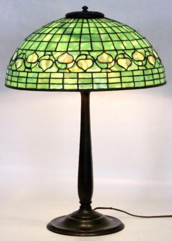 Tiffany Studios 16" Acorn Table Lamp Original Tiff: Original Tiffany Studios arts & crafts style acorn shade with mottled glass on an original Tiffany Studios base. 22" H
