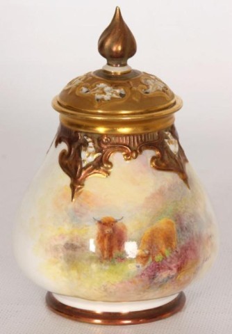 Royal Worcester Hand Painted Potpourri Royal Worce: Royal Worcester Hand Painted Potpourri Jar w/ Highland Cattle. 5" High