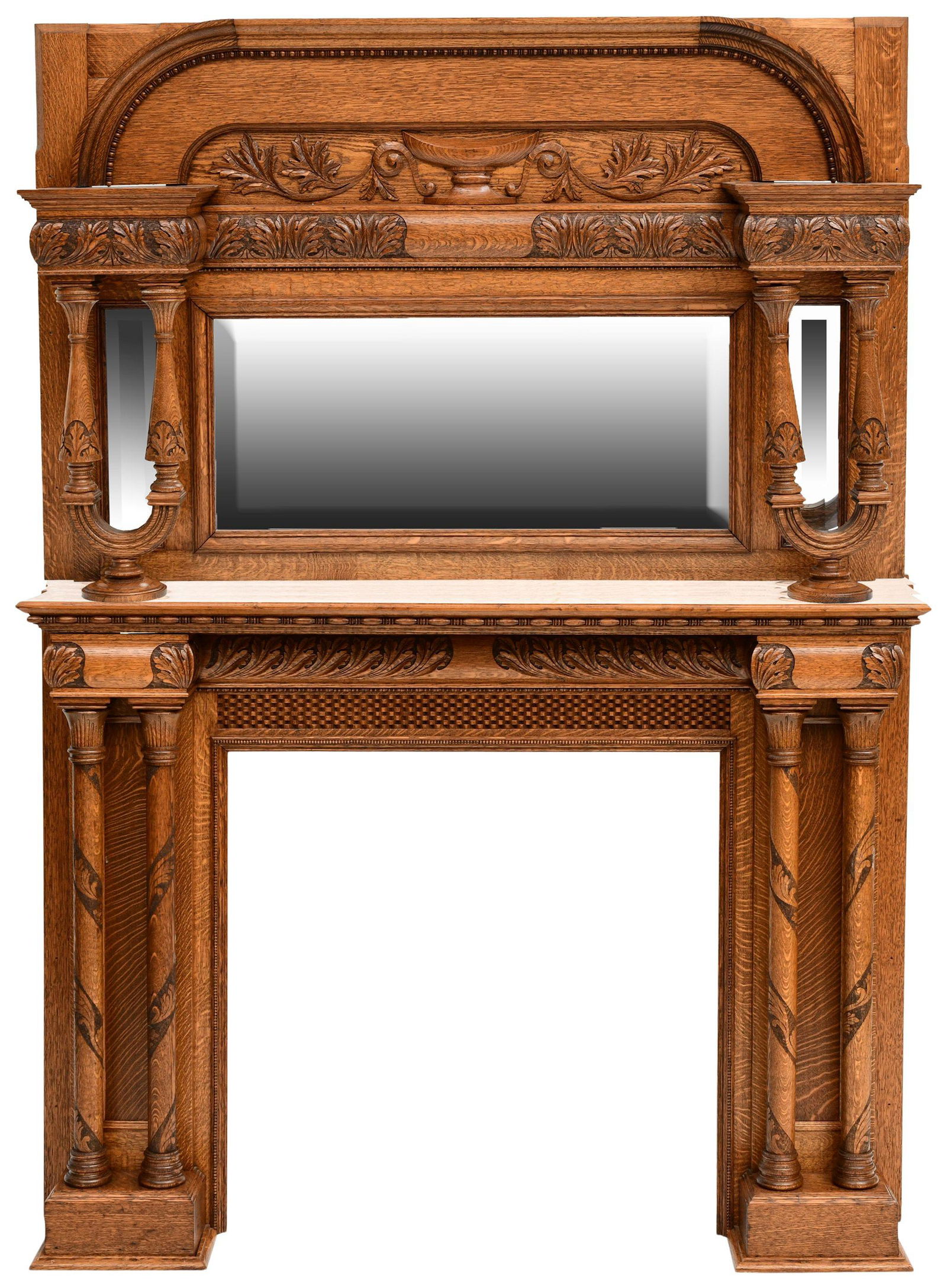 American Carved Oak Fireplace Mantel with Over Mirror (1 of 9)