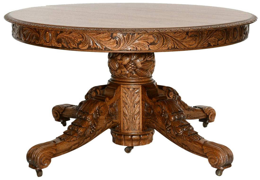American Carved Oak Dining Table with Seven Leaves (1 of 8)