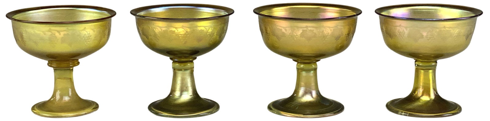 Four Tiffany Studios Etched Favrile Glass Sherbets: Four Tiffany Studios Etched Favrile Glass Sherbets early 20th century each marked on the underside 3 1/2 x 3 1/2 inches