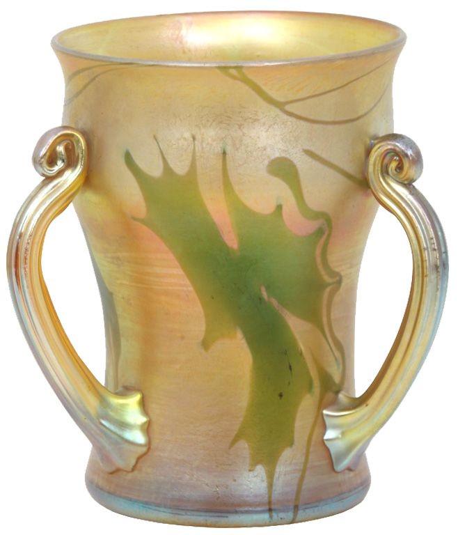 Tiffany Studios Favrile Glass Loving Cup with Coiled: Tiffany Studios Favrile Glass Loving Cup with Coiled Handles early 20th century engraved "L.C. Tiffany - Favrile, 3633D 5 x 5 inches